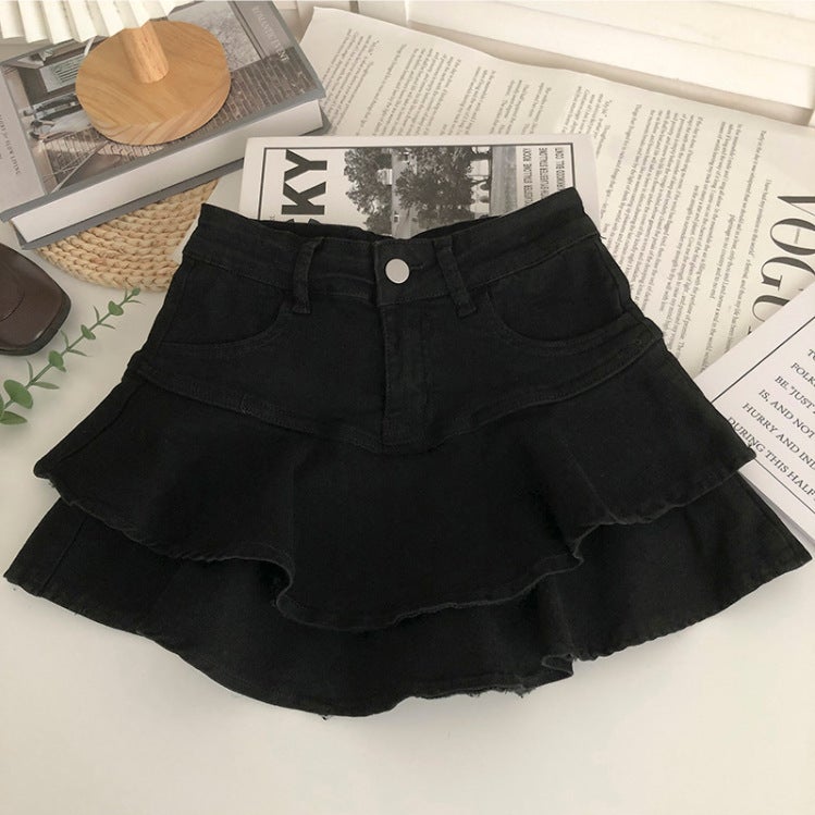 Girls' Double-Layer Ruffled Stretch Denim Short Skirt Korean Style Elastic Waist Anti-Exposure A- Line Skirt - Image 1