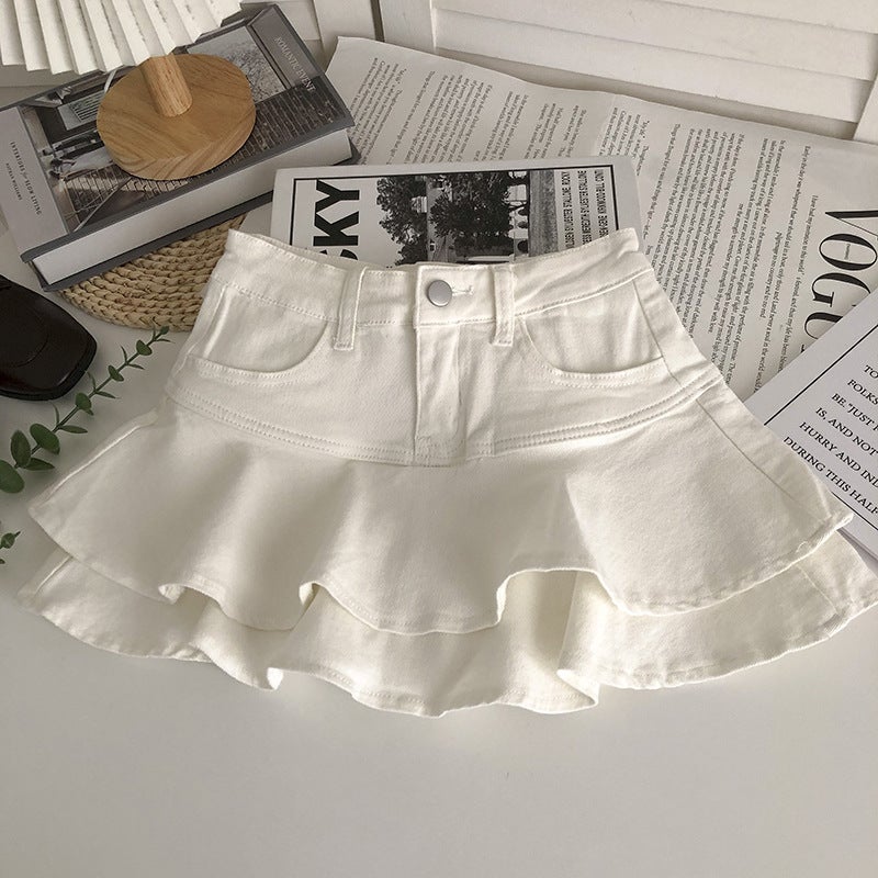 Girls' Double-Layer Ruffled Stretch Denim Short Skirt Korean Style Elastic Waist Anti-Exposure A- Line Skirt - Image 3