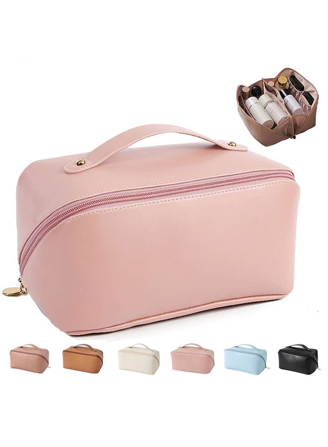 O Ozone حقيبة مستحضرات تجميل للسفر بسعة كبيرة حقائب مستحضرات تجميل للنساء حقيبة تخزين متعددة الوظائف حقيبة مكياج من الجلد الصناعي حقائب أدوات الزينة - وردي - Image 1