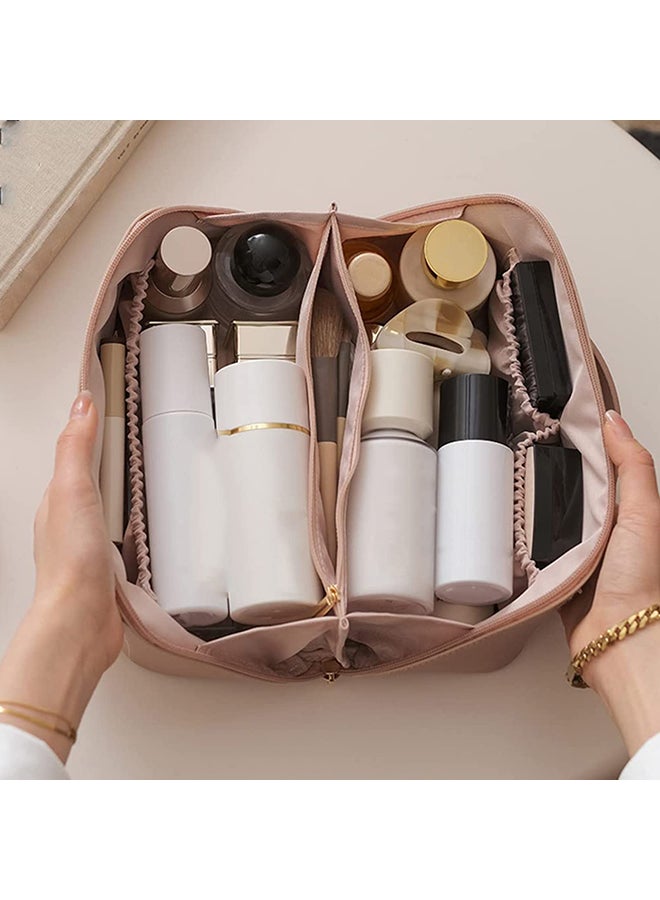 O Ozone حقيبة مستحضرات تجميل للسفر بسعة كبيرة حقائب مستحضرات تجميل للنساء حقيبة تخزين متعددة الوظائف حقيبة مكياج من الجلد الصناعي حقائب أدوات الزينة - وردي - Image 2