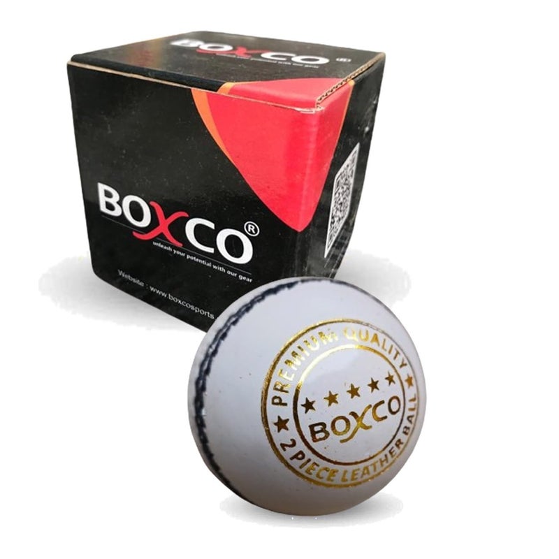 BOXCO كرة كريكيت جلدية بيضاء فاخرة | متينة 2 قطعة مخيطة يدويًا | عبوة من 1 جودة مباراة - Image 1