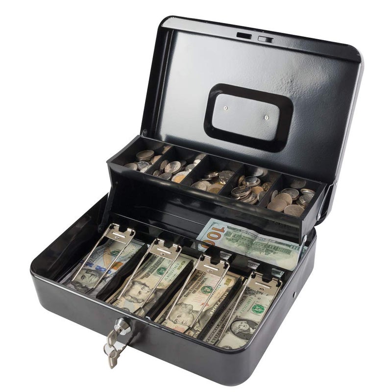 KYODOLED Locking Cash/Money Saving Organizer Box with Lock Safe with Key and Cash Tray, Black, 11.81Lx 9.45Wx 3.54H inches, XL Large - Image 1