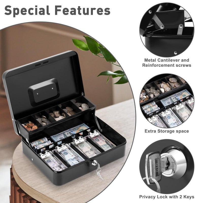 KYODOLED Locking Cash/Money Saving Organizer Box with Lock Safe with Key and Cash Tray, Black, 11.81Lx 9.45Wx 3.54H inches, XL Large - Image 5