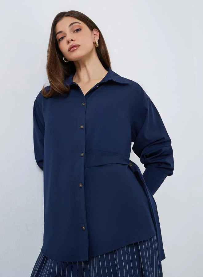Styli Solid Asymmetric Button-Decorated Oversize Shirt