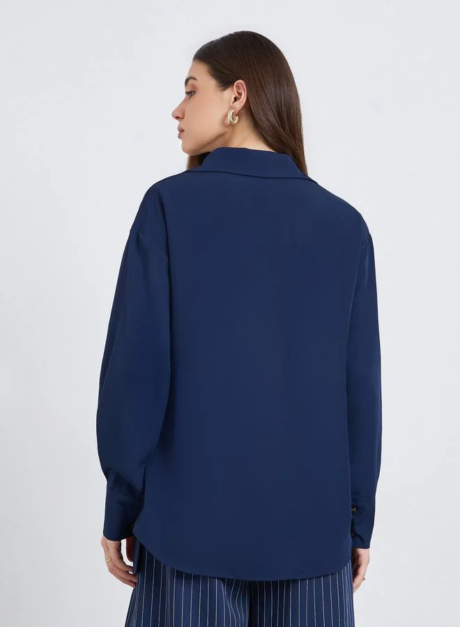 Styli Solid Asymmetric Button-Decorated Oversize Shirt