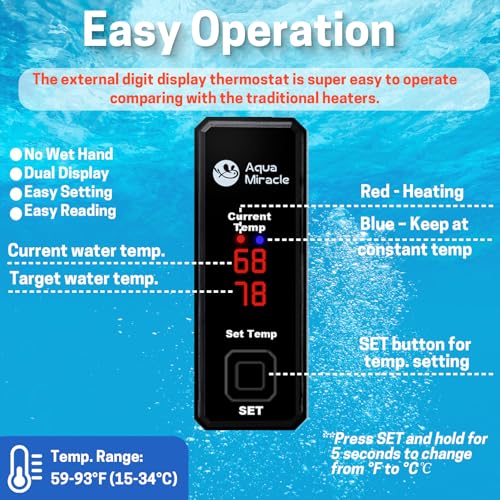 AquaMiracle Upgraded 50W Small Aquarium Heater Fish Tank Heater Turtle Heater Super Mini Aquarium Heater, Dry-Run/Overheating Protection and Memory Function, Dual LED Display, for 5-10 Gal Tanks - Image 5