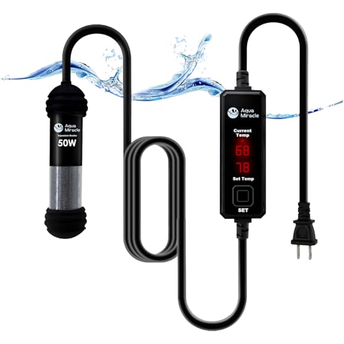 AquaMiracle Upgraded 50W Small Aquarium Heater Fish Tank Heater Turtle Heater Super Mini Aquarium Heater, Dry-Run/Overheating Protection and Memory Function, Dual LED Display, for 5-10 Gal Tanks - Image 1