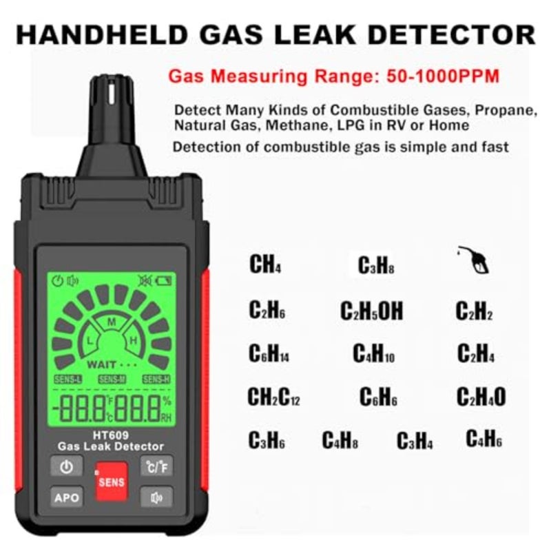 Gas Leak Detector, Natural Gas Detector with 3-Sensitivity Adjustable, Temperature and Humidity Measurement, Audible and Visual Alarm Locates Combustible Gas Sources Like Methane, Propane for Home HT609 - Image 2