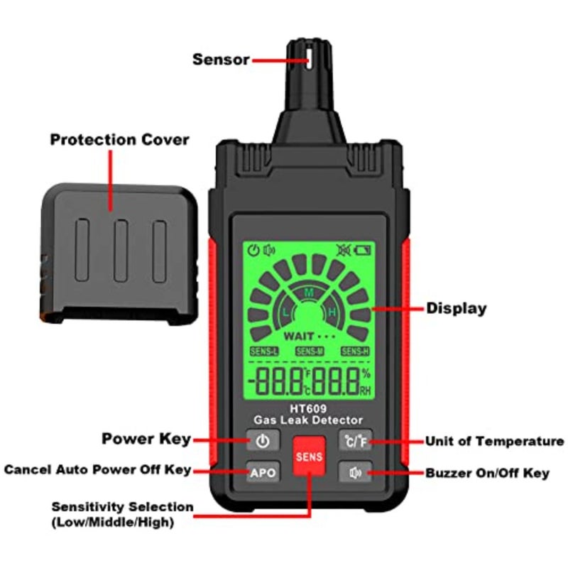Gas Leak Detector, Natural Gas Detector with 3-Sensitivity Adjustable, Temperature and Humidity Measurement, Audible and Visual Alarm Locates Combustible Gas Sources Like Methane, Propane for Home HT609 - Image 3