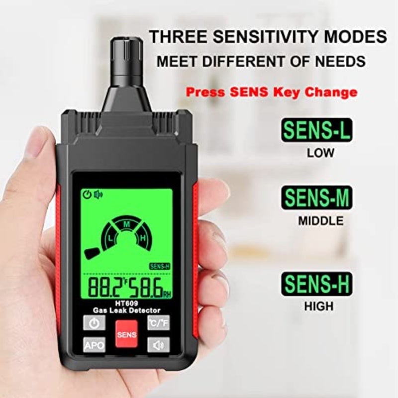 Gas Leak Detector, Natural Gas Detector with 3-Sensitivity Adjustable, Temperature and Humidity Measurement, Audible and Visual Alarm Locates Combustible Gas Sources Like Methane, Propane for Home HT609 - Image 4