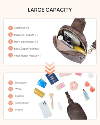 Telena Small Sling Bag for Women Leather Crossbody Fanny Packs Chest Bag for Women Coffee - Image 3