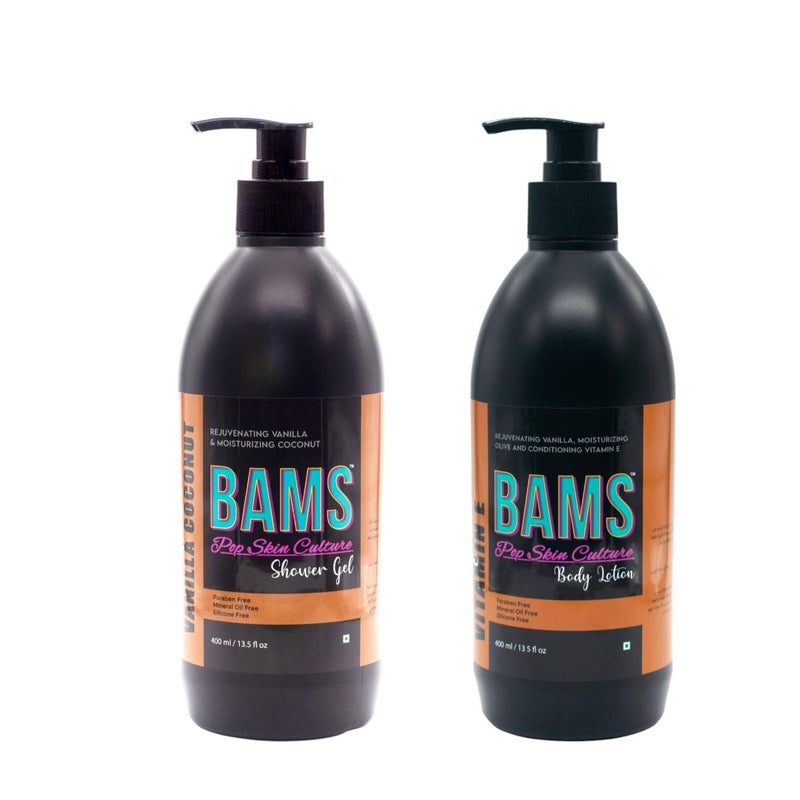 BAMS Shower Gel  Body Lotion Combo Pack 400ml each  Complete Body Care Solution Vanilla Coconut Shower Gel  Vanilla Olive Oil with Vitamin E Body Lotion 400 ml - Image 1