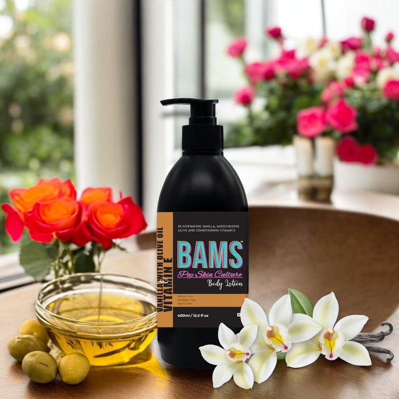 BAMS Shower Gel  Body Lotion Combo Pack 400ml each  Complete Body Care Solution Vanilla Coconut Shower Gel  Vanilla Olive Oil with Vitamin E Body Lotion 400 ml - Image 5