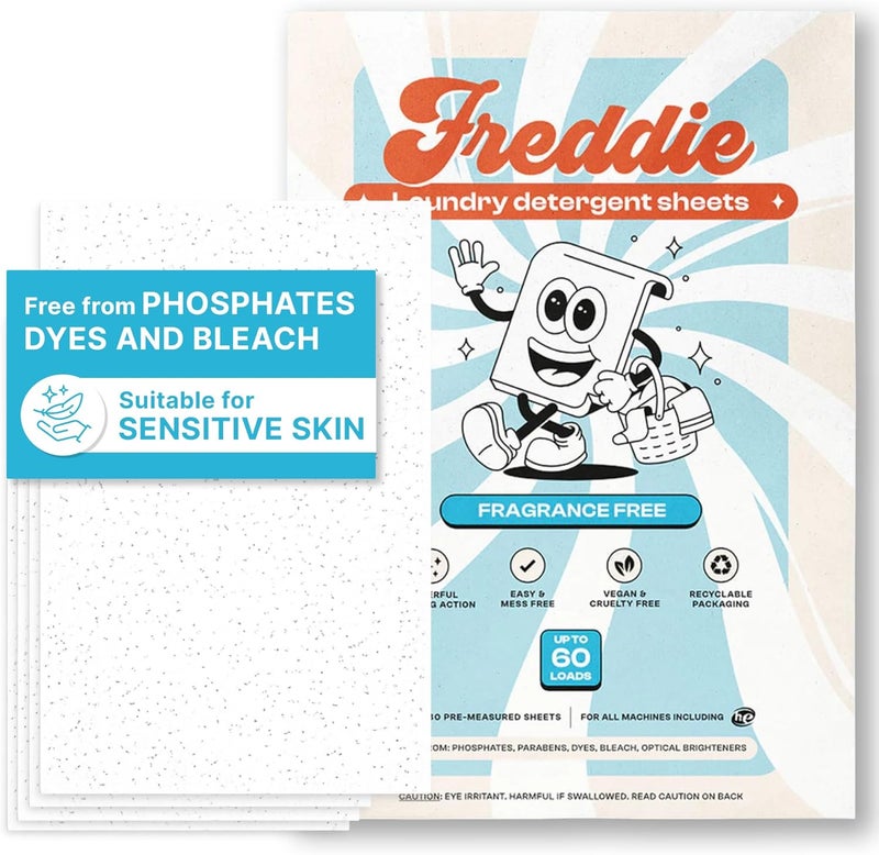 Freddie Low-Waste Laundry Detergent Sheets – Jug Free Format – Pre-Measured Strips – 60 Loads – Unscented for Sensitive Skin - Image 1