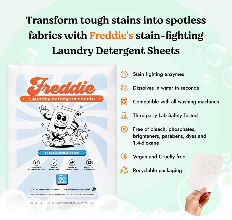 Freddie Low-Waste Laundry Detergent Sheets – Jug Free Format – Pre-Measured Strips – 60 Loads – Unscented for Sensitive Skin - Image 2