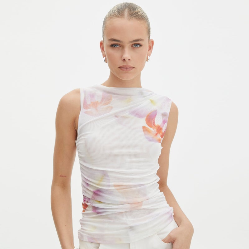 New Digital Printing Summer Mesh Stitching Chic Pleated Vest Elegant Slim-Fit Pure Desire Top - Image 1