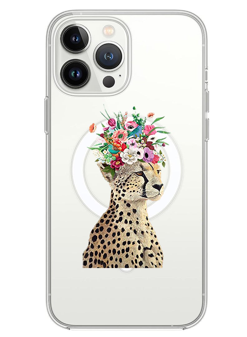 Theodor غطاء مغناطيسي لآيفون 14 برو 6.1 بوصة متوافق مع شاحن ماج سيف اللاسلكي، غطاء هاتف مضاد للصدمات بزخرفة زهور الفهد - Image 1