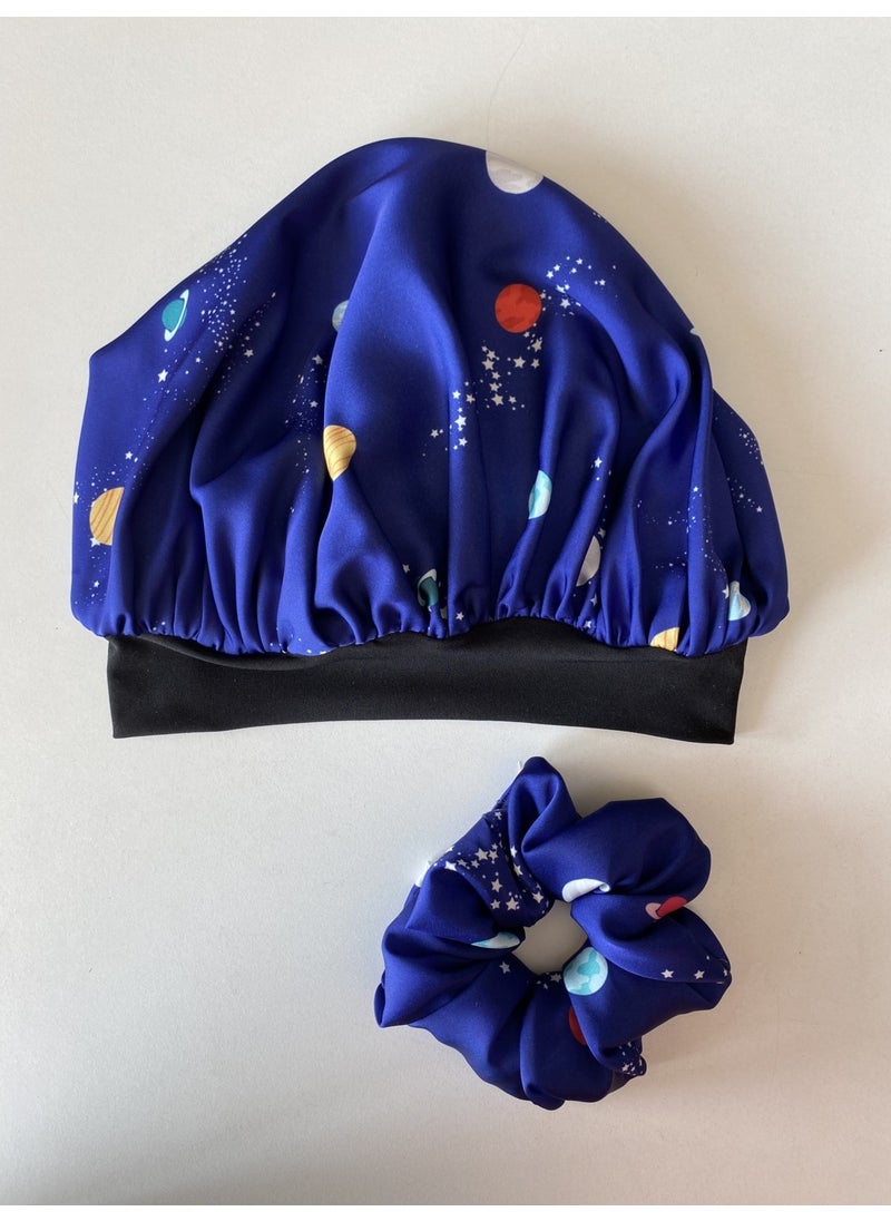 Pistore Blue Planet Patterned Satin Bonnet and Buckle Set for Curly Hair  - Image 1