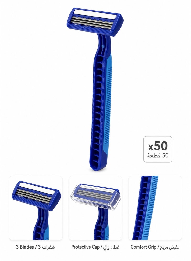 Triple Blade Disposable Razors 50 Pieces with Aloe and Vitamin E Strip for Smooth Daily Shaving and Travel Use