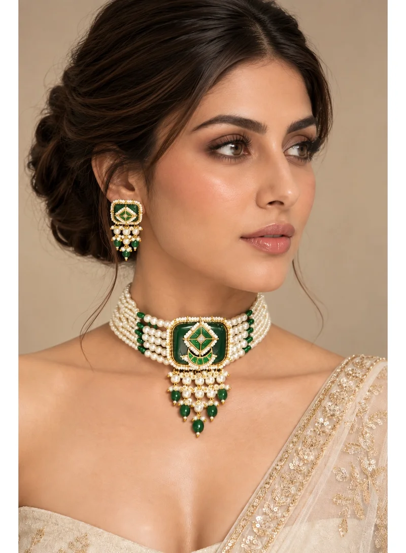 Lehar Pearl Bead Choker Set with Emerald Green Stone - Indian Bridal Jewelry