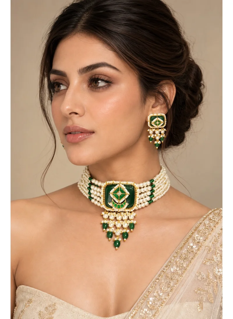 Lehar Pearl Bead Choker Set with Emerald Green Stone - Indian Bridal Jewelry