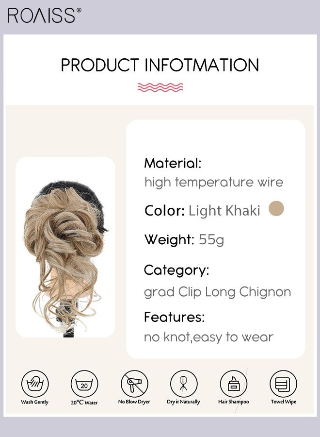 رويس قطعة شعر كعكة مجعدة، كعكة صناعية مموجة بمخلب مرن عالي، كعكة شعر مجعدة فوضوية على شكل دونات، مشبك شعر كعكة فوضوية على شكل مخالب، وصلات شعر ذيل حصان مرفوعة بلون كاكي فاتح - Image 3