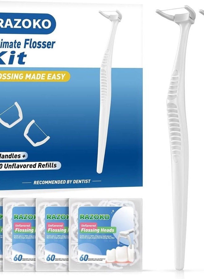 RAZOKO Dental Floss Picks, Clean Dental Flossers Kit with 2 Handle and 180 Extra Strength Refills - Image 1