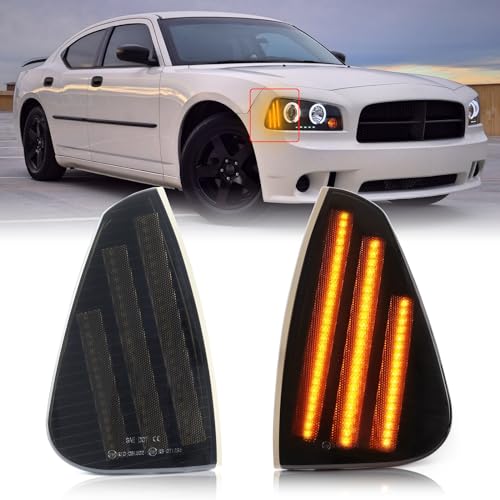 FetonAuto Amber Front Bumper Full LED Side Marker Lights Assembly for 2006-2010 Dodge Charger Daytona RT SE SRT8 SXT, Smoked Lens Driver Passenger Corner Signal Lamps - Image 1