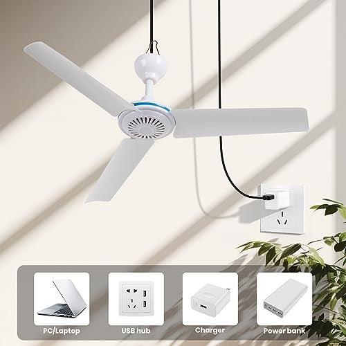 NPKRRSK Small USB Ceiling Fan 19.7”Portable Hanging Fans for Power Bank Indoor Outdoor RV Bed Room Desk Boat Coop Travel Tent Canopy Cubicle Mini 3 Blades Silent Fan，Various USB ports - Image 2