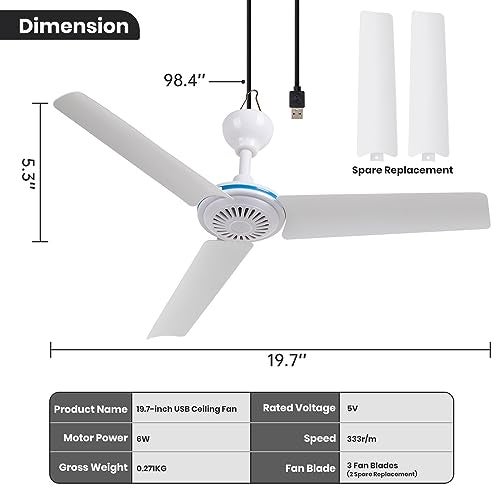 NPKRRSK Small USB Ceiling Fan 19.7”Portable Hanging Fans for Power Bank Indoor Outdoor RV Bed Room Desk Boat Coop Travel Tent Canopy Cubicle Mini 3 Blades Silent Fan，Various USB ports - Image 3