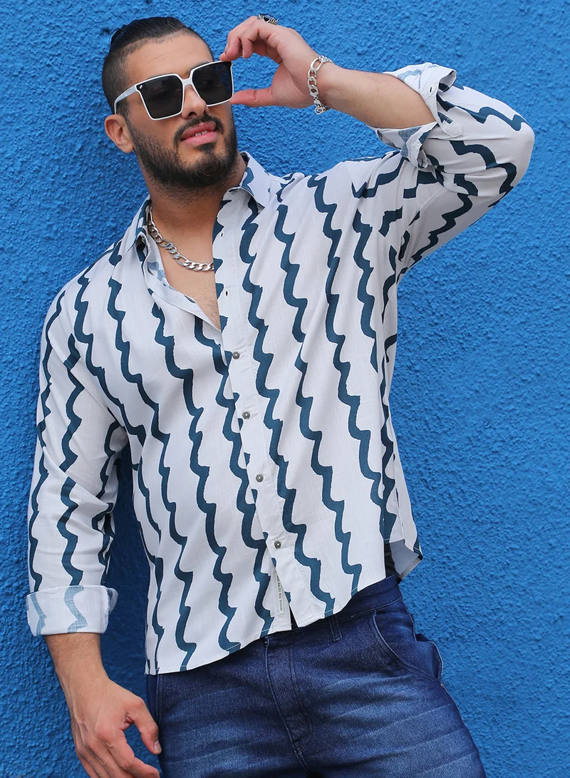 Instafab Plus Instafab Plus Men's White & Navy Blue Contrast Paint Lines Shirt For Casual Wear | Spread Collar | Long Sleeve | Button Closure | Cotton Shirt Crafted With Comfort Fit For Everyday Wear