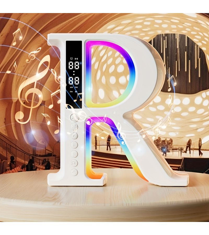مكبر صوت لاسلكي كبير أبيض على شكل حرف R مع إضاءة محيطة وساعة منبه وشحن لاسلكي وتأثيرات إضاءة إيقاعية لغرفة النوم الليلية وغرفة المعيشة وطاولة الطعام - Image 4