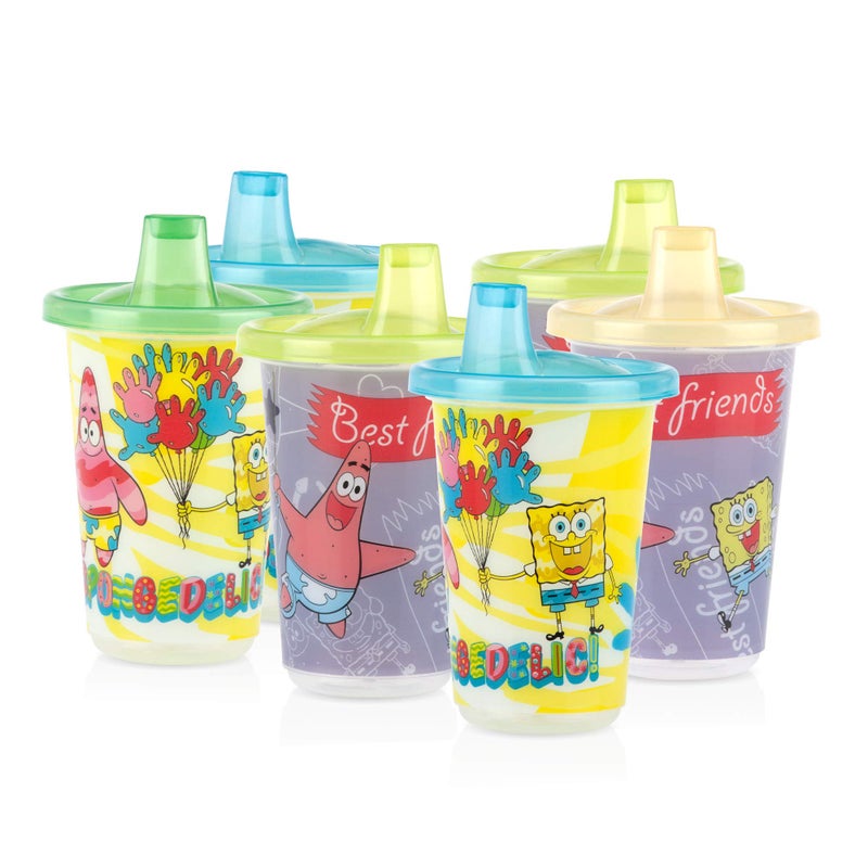 Nuby 6 Pack Wash or Toss Reusable Cups & Lids with Spout, Nickelodeon SpongeBob SquarePants, 10 oz. - Image 1