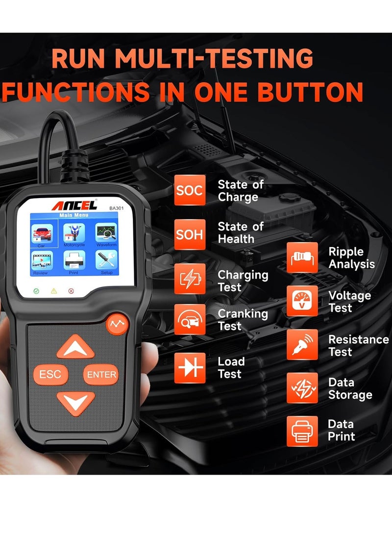 Ancel BA301 Battery Tester Car 6 V/12 V 100-2000 CCA Car Battery Tester Universal Battery Tester with Load Test Battery Charge Test Start Test Battery Tester Function for Cars Trucks ATV SUV Boat Moto - Image 5