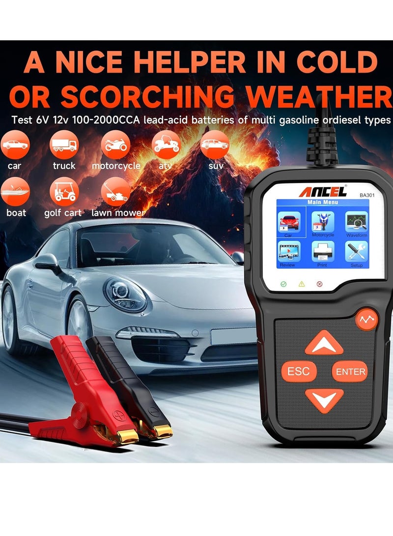 Ancel BA301 Battery Tester Car 6 V/12 V 100-2000 CCA Car Battery Tester Universal Battery Tester with Load Test Battery Charge Test Start Test Battery Tester Function for Cars Trucks ATV SUV Boat Moto - Image 3