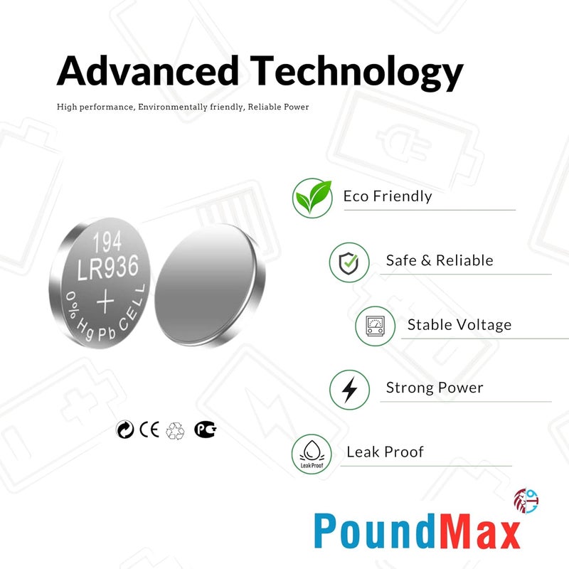 PoundMax 10 x AG9 (LR45, LR936, 394) 1.5V Alkaline Button Batteries | 1 Pack of 10 - Image 3
