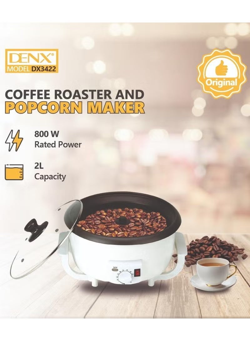 Denx Electric Coffee Roaster & Popcorn Maker 800W with Non-Stick Bowl, Adjustable Temperature Control, Blue Light Indicator, Cool-Touch Body, Glass Lid, 2L Capacity, White - Image 3