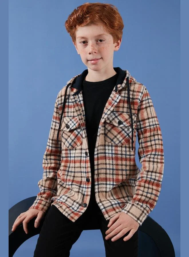 Lela Lela Hooded Double Pocket Plaid Winter Lumberjack Shirt Boy SHIRT CF24W81778