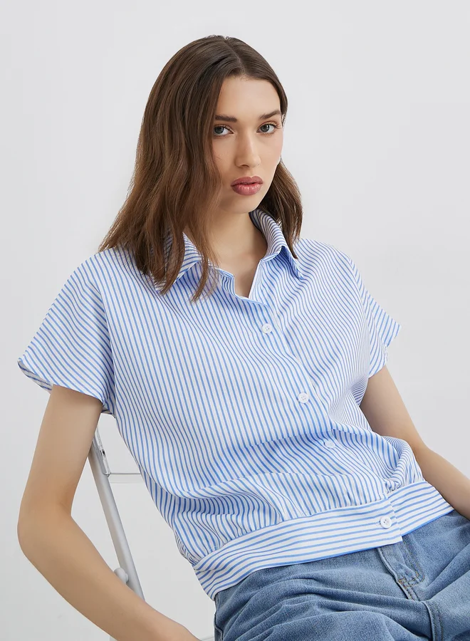Take Two Take Two Women Blue Striped Short Sleeved Regular Fir Shirt