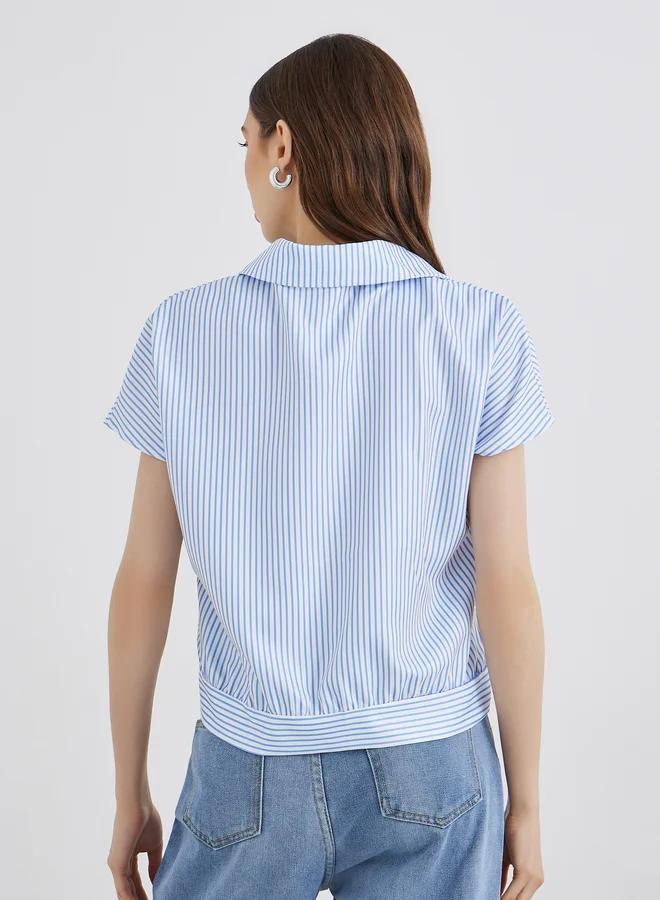 Take Two Take Two Women Blue Striped Short Sleeved Regular Fir Shirt