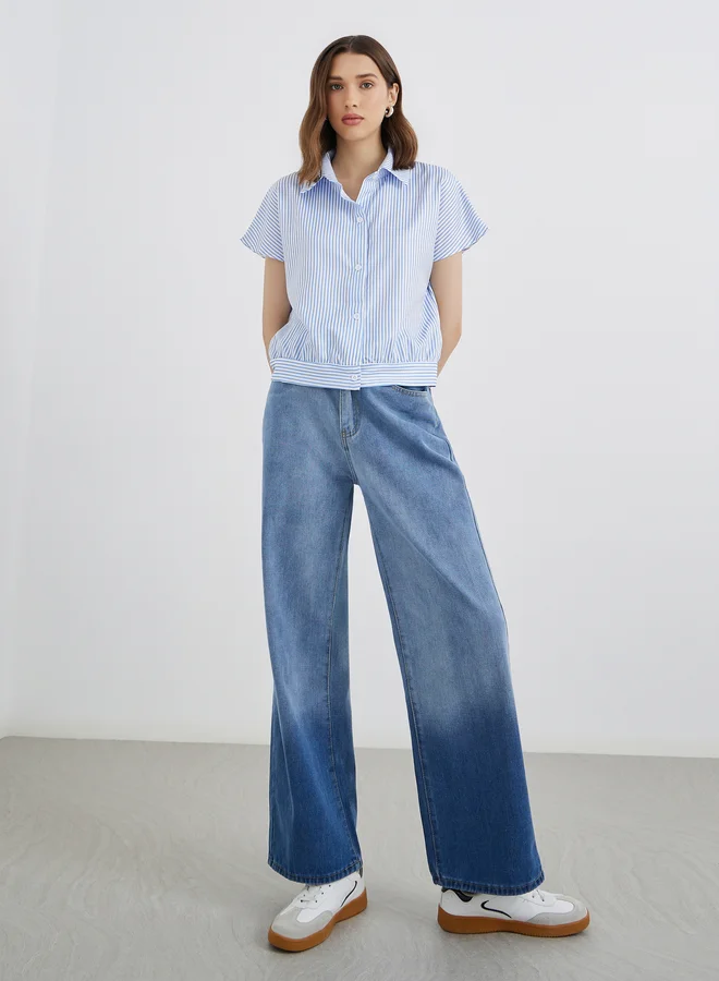 Take Two Take Two Women Blue Striped Short Sleeved Regular Fir Shirt