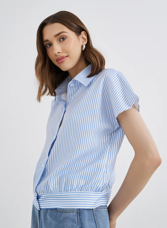 Take Two Take Two Women Blue Striped Short Sleeved Regular Fir Shirt
