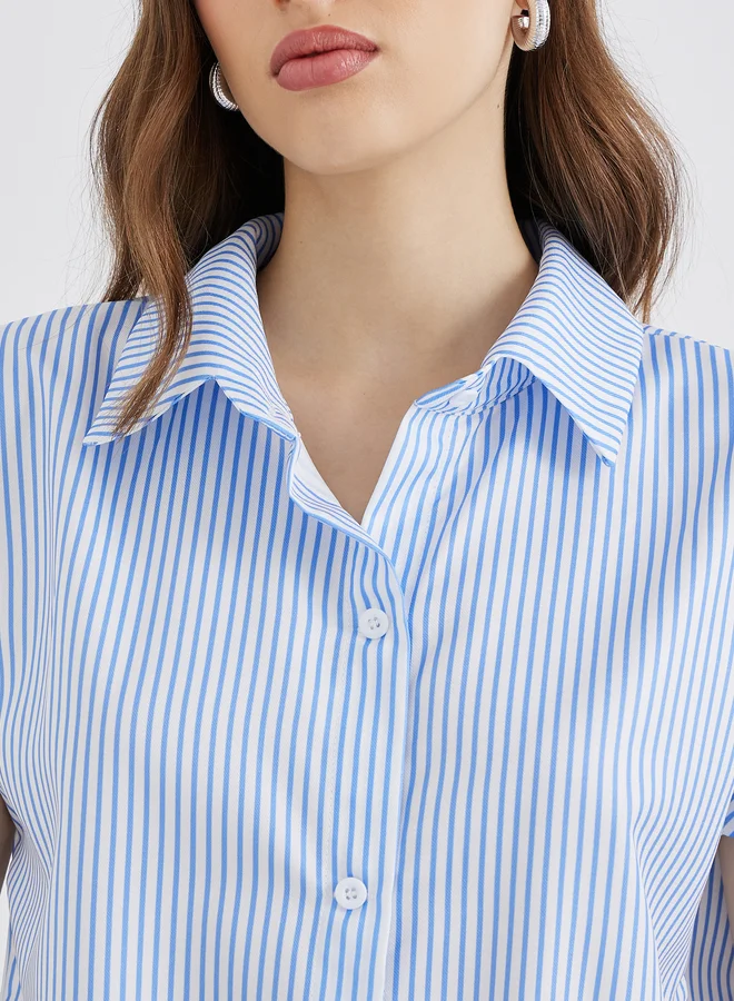 Take Two Take Two Women Blue Striped Short Sleeved Regular Fir Shirt