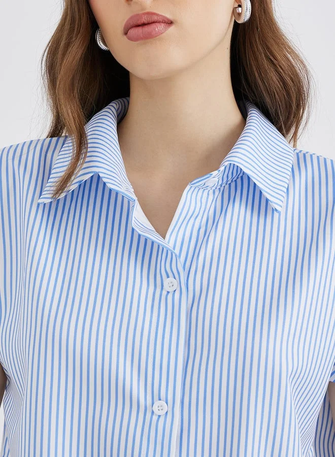 Take Two Women Blue Striped Short Sleeved Regular Fir Shirt