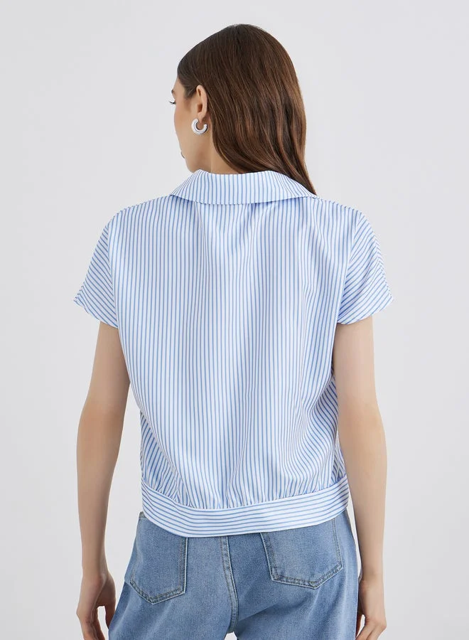 Take Two Women Blue Striped Short Sleeved Regular Fir Shirt