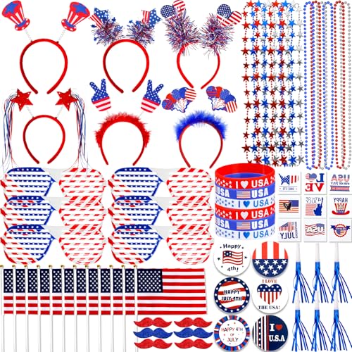 Lansian 4th of July Accessories Bulk Party Supplies, 146Pcs Patriotic Party Favors Set for Independence Day Decorations Memorial Day Celebrations USA Flags Party Parades Classroom Rewards for Kids - Image 1