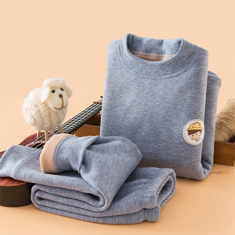 Children'S Thermal Intimates Set Fleece-Lined Bottoming Boneless Boys And Girls Middle And Large Kidsren'S Austrian Velvet Autumn Clothes And Long Trousers - Image 1