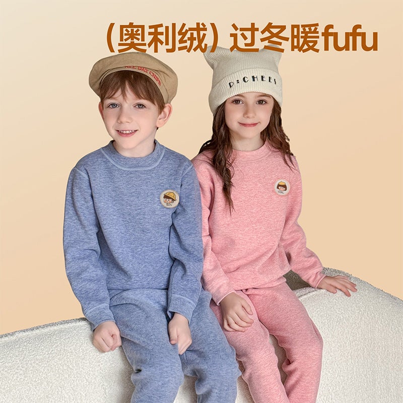 Children'S Thermal Intimates Set Fleece-Lined Bottoming Boneless Boys And Girls Middle And Large Kidsren'S Austrian Velvet Autumn Clothes And Long Trousers - Image 2