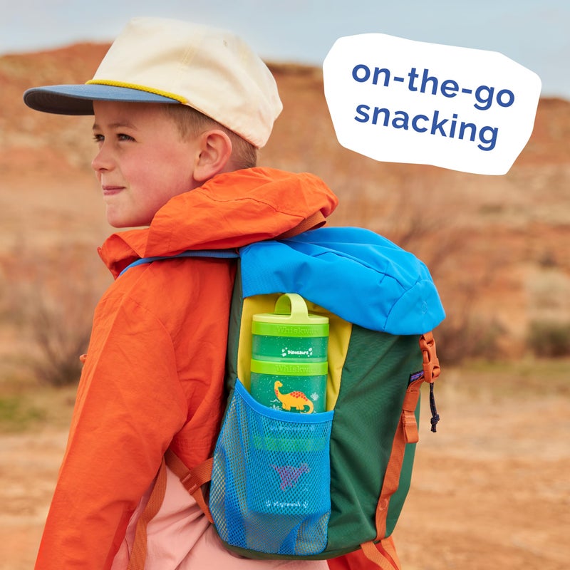 Whiskware Dinosaur Stackable Snack Containers for Kids and Toddlers, 3 Stackable Snack Cups for School and Travel, Green/Blue - Image 5
