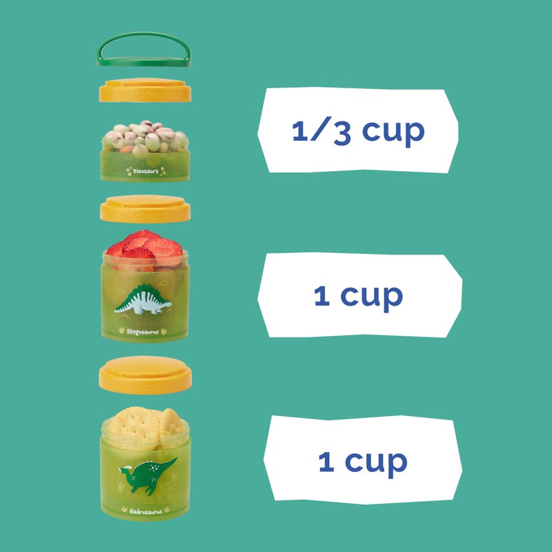 Whiskware Dinosaur Stackable Snack Containers for Kids and Toddlers, 3 Stackable Snack Cups for School and Travel, Green/Blue - Image 3